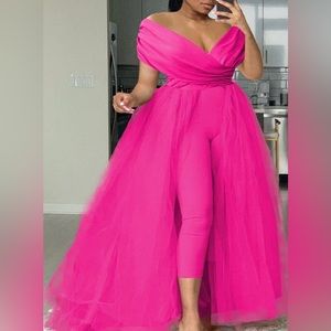 NEW- Plus Size Formal Casual Solid Off The Shoulder V Neck Tulle Jumpsuit